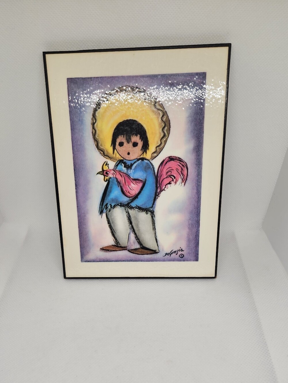 EUC Ted DeGrazia Folk Art Small Wood Plaque Boy With Rooster 6" X 4.5"